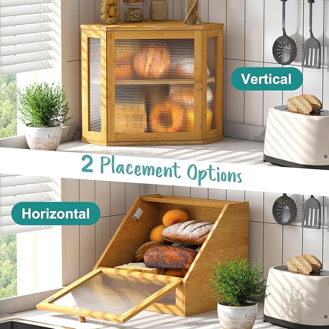 Corner Bread Box, Bamboo Bread Box for Kitchen Countertop, 2 Tier Wooden Bread Storage (Natural, Medium)