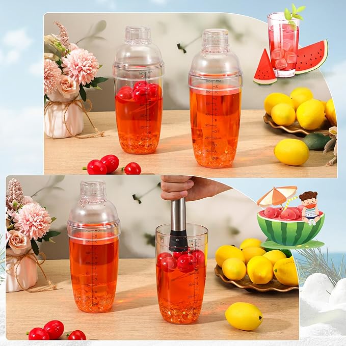 8 Pcs Plastic Cocktail Shaker Drink Mixer with Scales and Strainer Top Clear Shaker Cup with Measurement Plastic Bar Mixing Tool for Tea Coffee Bubble Tea Milk