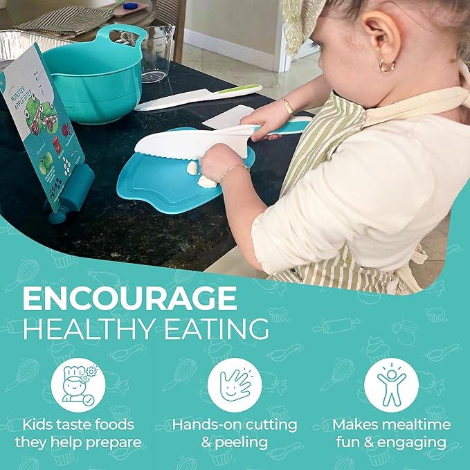 Tovla Jr. Toddler Cutting Set – Real Kids Knife & Chopper with Safety Gloves, Peeler & Visual Recipe Book – Montessori Cooking Tools Ages 3–8, Premium Gift for Kids