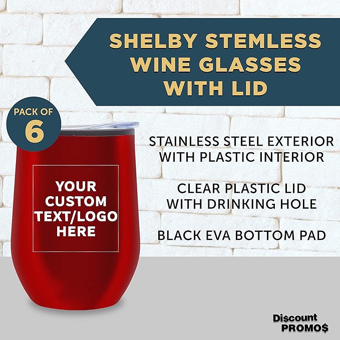Custom Stemless Wine Tumblers 12 oz. Set of 6, Personalized Bulk Pack - Insulated, Perfect for Wine, Cocktails, Other Hot & Cold Beverages - Red