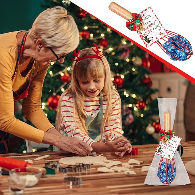 12 Sets Christmas Whisk Gifts DIY Fillable Christmas Whisk Baking Supplies Includes Stainless Steel Whisks, Greeting Cards, Ribbons, Plastic Bags for Employee Cooking Supplies Xmas Stocking Stuffers