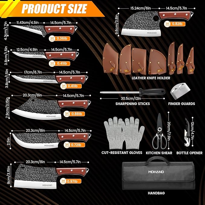 MDHAND 14PCS Butcher Knife Set, Hand Forged Butcher Chef Knife Set with Roll Bag, Sharp Meat Cleaver Knife & Bone Chopper Knives & Fillet Knives for Home & Camping & BBQ Gift for Men