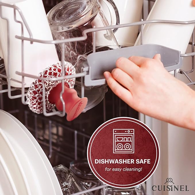 Cuisinel Cast Iron Chainmail Scrubber + Pan Scraper - Deluxe Ergonomic Stainless/Silicone Pot and Skillet Cleaner - Food-Safe Design - Easy to Clean Dishwasher Safe Cookware - Kitchen Sponge Accessory