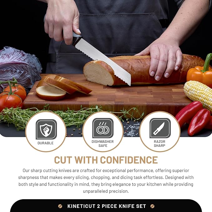 DFACKTO 2-Piece Serrated Knife Set – Stainless Steel Kitchen Cooking Knives w/Protective Covers, Dishwasher Safe, No Block, Sharp Cutlery for Slicing Bread, Cooking Fruit & Steak w/Sheath - Gray