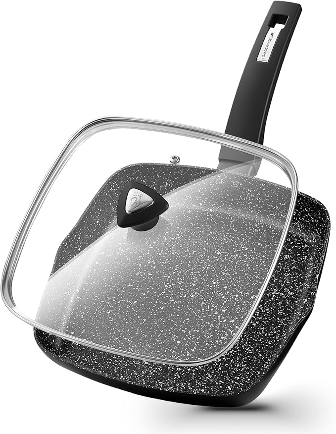 KOCH SYSTEME CS 9.5 Inch Nonstick Grill Pan for Stove Tops, Marble Coating Square Grill Skillet with Lid, Fry Pan Compatible with all Stoves, Ultimate Nonstick Skillet with Bakelite Handle, Toxic-Free