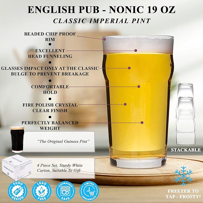 British Pint Glass Set of 4 – 20 oz Nonic Craft Beer & Beverage Glasses