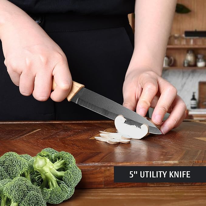 hecef Vintage Kitchen Knife Set of 3, Stainless Steel Blade with Black Non-stick Coating, Sharp Kitchen Knives Includes Santoku, Utility, Paring