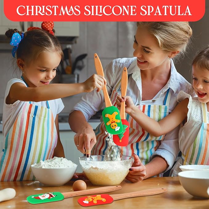 Menkxi 32 Pcs Christmas Silicone Spatulas, Xmas Cake Spatula with Wooden Handles - Santa Claus Snowman Gingerbread Designs for Cooking & Baking