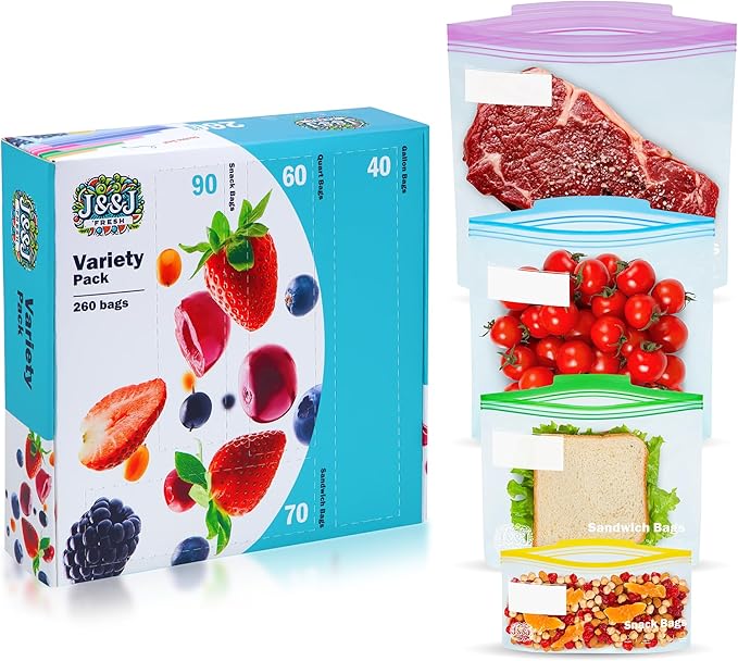 Reusable Food Storage Bags – 260 Pack Variety Pack (Snack, Sandwich, Quart, Gallon) – BPA-Free, Leakproof Zipper Bags with Expandable Bottom – Freezer Bags Safe, Kitchen & Pantry Organizer