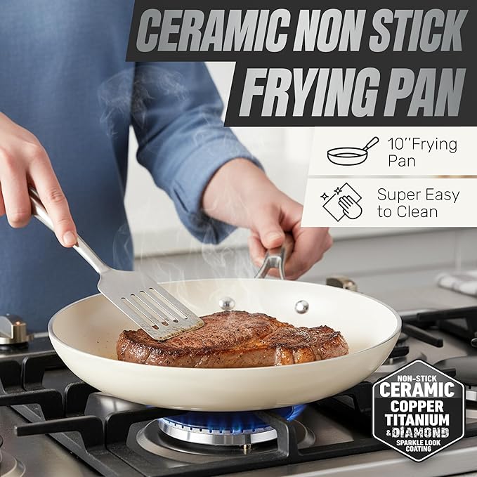 Gotham Steel 12 Pc Ceramic Cookware Set Nonstick, Ceramic Pots and Pans Set Non Stick with Steamer for Cooking, Non Toxic PFOA PFOS Free, Premium Stay Cool Handles, Oven & Dishwasher Safe