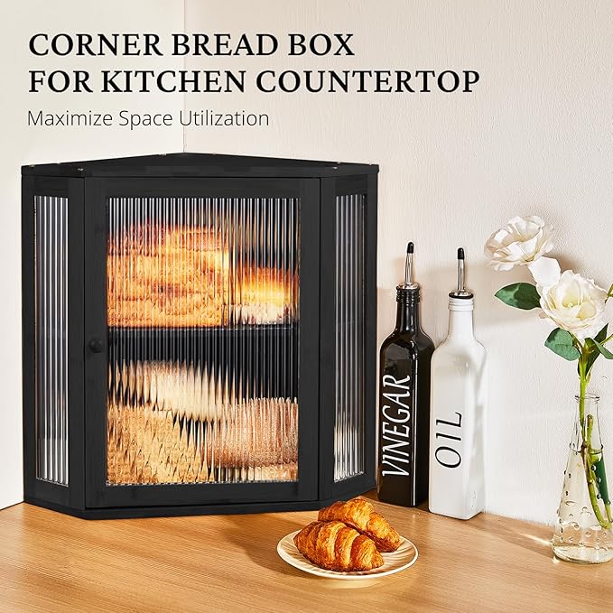 BRONYPRO Double Layer Corner Bread Box for Kitchen Counter with Height-adjustable Partition, Large Black Bamboo Wooden Bread Box for Multiple Loaves, Modern Breadbox for Kitchen Countertop