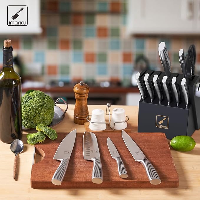 Knife Block Set, 14Pcs High Carbon Stainless Steel Knife Set with Block, Kitchen Knife Set Black, Dishwasher Safe, Build-in Sharpener