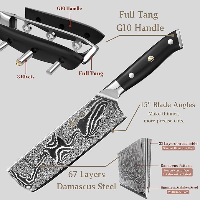 Wakoli Nitoko Nakiri Knife – 6.7-Inch Professional Damascus Vegetable Knife | 67-Layer VG10 Core Steel Blade | Ergonomic G10 Handle | High-Performance Kitchen Knife in Gift Box
