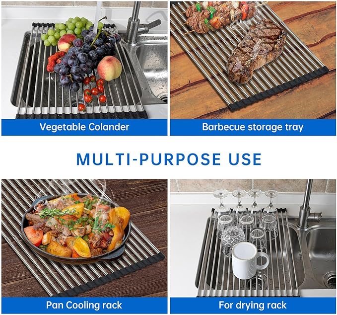 Expandable Large Draining Rack, Roll Up Heat-Resistant Dish Drainer for Stainless Steel Sinks, Collapsible Over The Sink Rack Non-Slip Silicone Rolling Up Rack 18 Tube