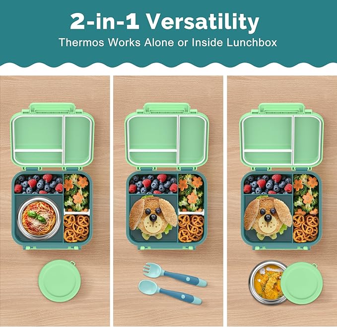 Bento Box for Kids with Soup Thermos(9oz)– Kid Bento Lunch Box with Leak Proof Insulated Food Jar, Hot & Cold Lunch Container Set for School Girls Boys, 4-Compartments, Dishwasher Safe, Green