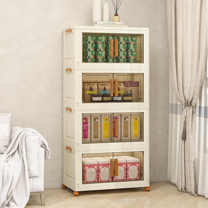 Plastic Stackable Storage Bins with Lids and Wheels, Foldable Closet Organizers and Storage Containers, Collapsible Clear Drawer Storage Cabinet with Doors Ivory White 182.4 QT