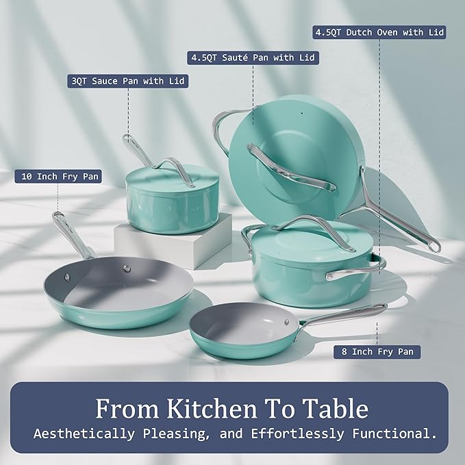 3.5QT Nonstick Ceramic Sauce Pan with Lid, Quick & Even Heat Distribution PFAS-Free Non Toxic Cooking Pot for Rice/Soup/Sauces, All Stovetops Compatible, Oven Safe 500°F, Caribbean Blue