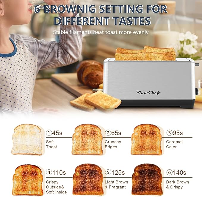 4-Slice Toaster, Extra Wide Long Slot Toaster with Warming Rack, 6 Browning Settings, Bagel/Defrost/Reheat Functions, Removable Crumb Tray, Stainless Steel Housing,Stainless Steel
