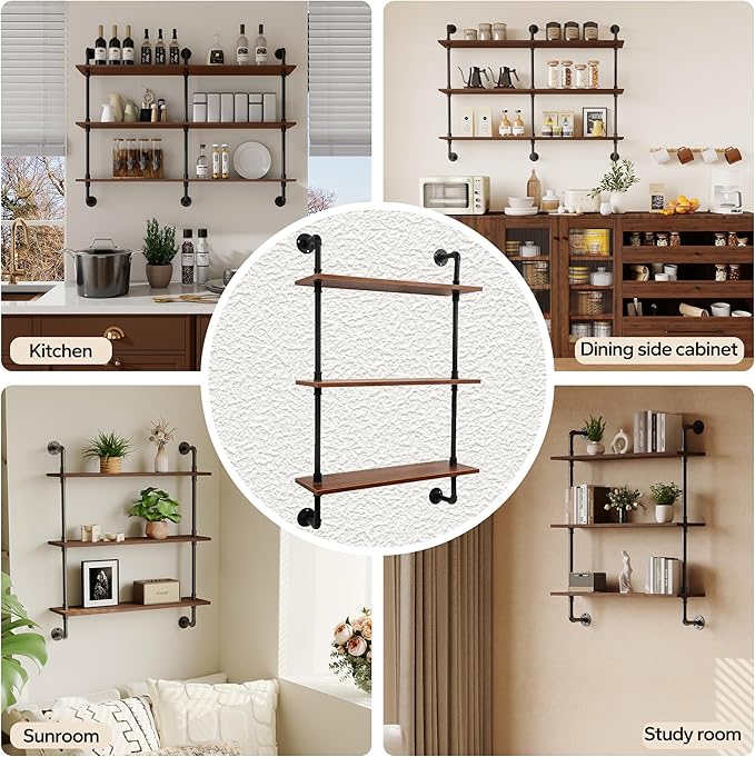 3-Tier Industrial Pipe Floating Shelf – Rustic 24 inch Wood Wall-Mounted Storage Shelf for Kitchen Office,Bathroom & Home Decor -Walnut