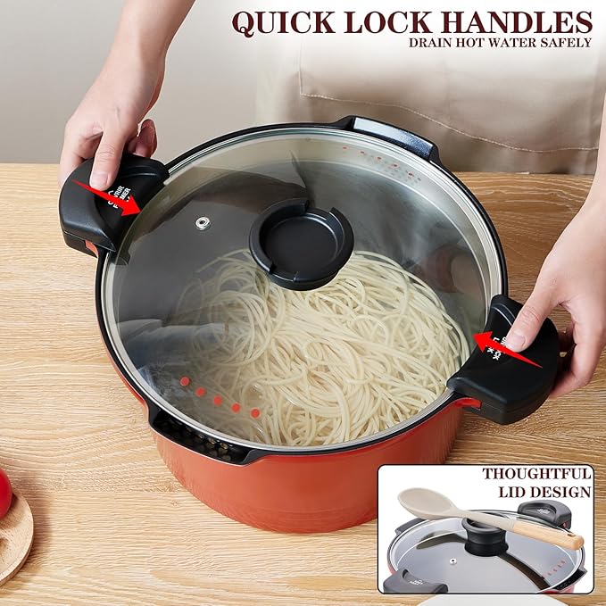 ACTIV CUISINE 5.0qt Pasta Pot with Strainer Lid, Cast Aluminum Stockpot Multipot, Nonstick Ceramic Coating make Cleanup easy with Tempered Glass Lid, Dishwasher Safe, Induction, Red