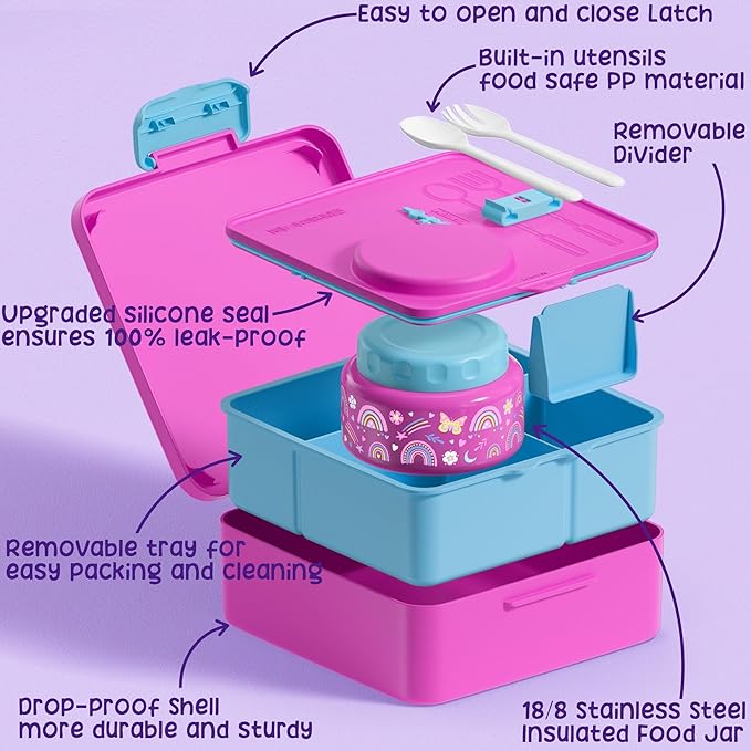 Fimibuke Kids Bento Lunch Box, Leakproof Toddler Bento Box with 8.5 OZ Insulated Food Jar, Lunch Bag, Kids Water Bottle, 3 or 4 Compartment Container for Back to School Toddler Girls Boys