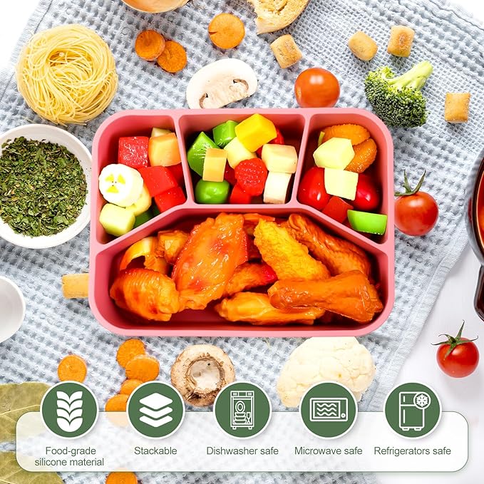 Honeydak 4 Pcs Silicone Bento Box Reusable Lunch Container 4 Compartment Snack Boxes with Lid Smooth LeakProof Rectangle Food Boxes for Adult Work Travel Food Storage (Cute Color)