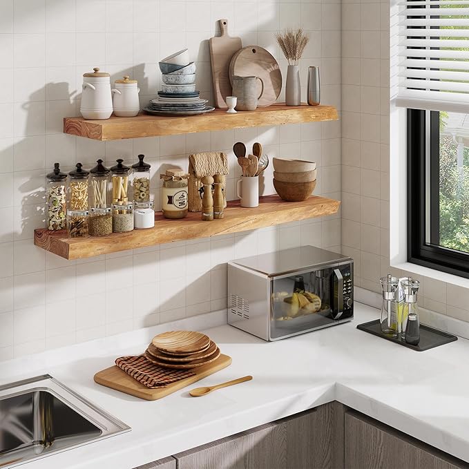 Floating Shelves, 8" Deep Rustic Solid Wood Wall Mounted Floating Shelves, Wall Shelves with Invisible Bracket for Living Room Bathroom Bedroom Kitchen, 72 Inch, Natural