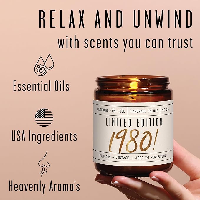 45th Birthday Gifts for Women - 'Limited Edition 1980' Soy Candle, w/Champagne on Ice I 45 Birthday Gifts for Women I 45th Gift for Her Ideas I 9oz Reusable Jar, 50Hr Burn, Made in USA