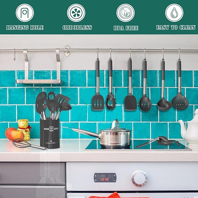 Umite Chef Silicone Kitchen Cooking Utensil Set, 43 pcs Silicone Spatula with Stainless Steel Handle, Non-stick Heat Resistant - Best Cookware (Grey)