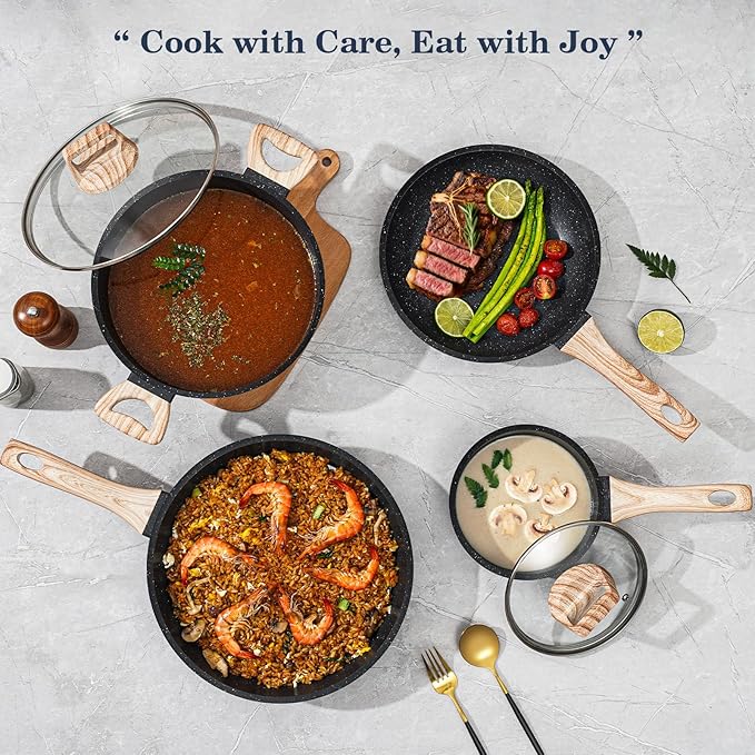 12 Pcs Pots and Pans Set Non Stick, Cookware Sets Black Granite Induction Cookware, Non-toxic Healthy Nonstick Kitchen Cooking Set with Frying Pans Set, Saucepans (PFAS/PFOA/PFOS Free)