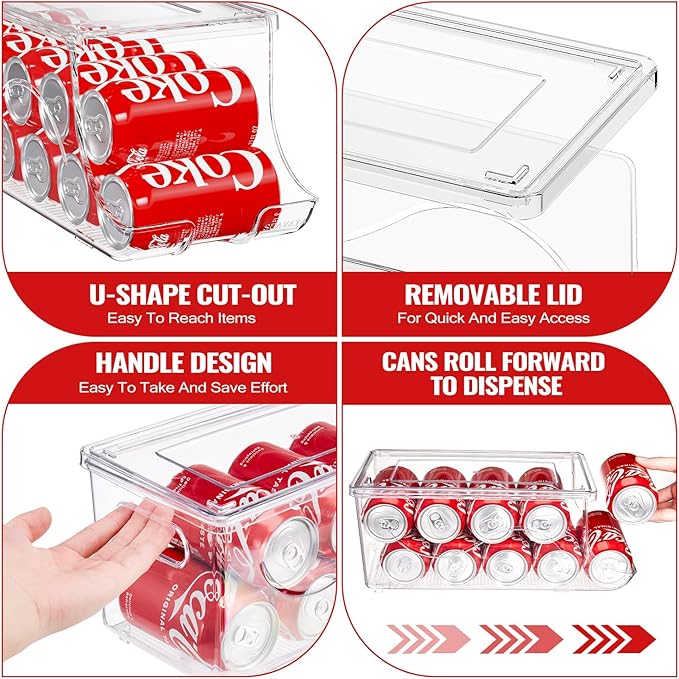Stackable Refrigerator Organizer, Soda Can Dispenser Pop Cans Container Beverage Holder with Lid for Fridge, Freezer, Kitchen, Clear Plastic Storage Bins-Holds 10 Cans Each (Clear)