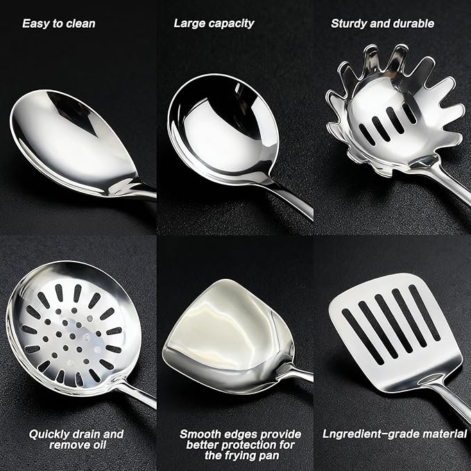 Stainless Steel Cooking Utensils Set with Holder, 7-Pieces All Metal Kitchen Utensils, 15’’ Long Kitchen Tools with Countertop Rotating Stand, Spatula, Ladle, Skimmer, Tunner, Pasta, Large Spoon