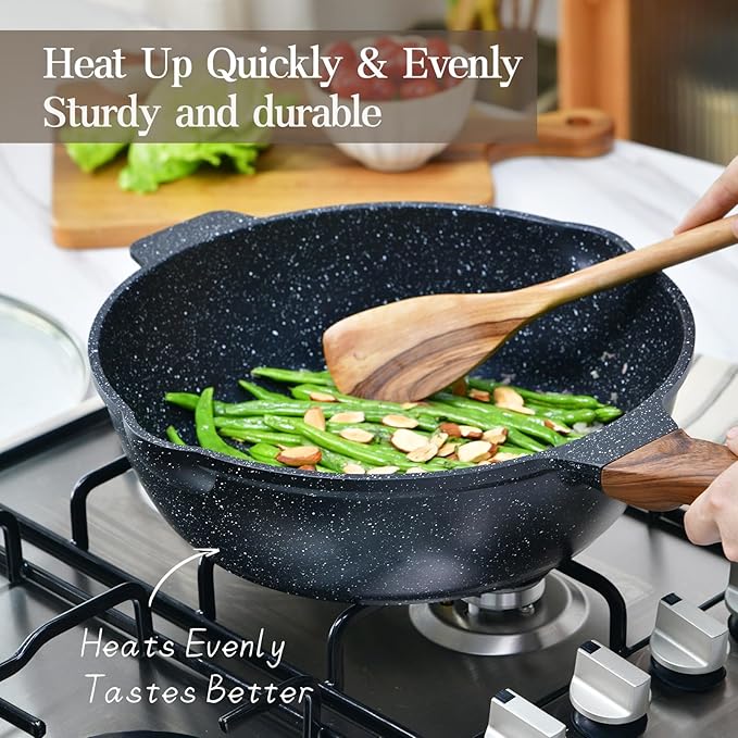 Deep Frying Pan Nonstick with Lid and Spatula, 12 inch / 5.5 Quart Saute Pan, Non Stick Granite Stir-Fry Chef Skillet with Scrub Sponge, Gas Induction Stovetops Compatible