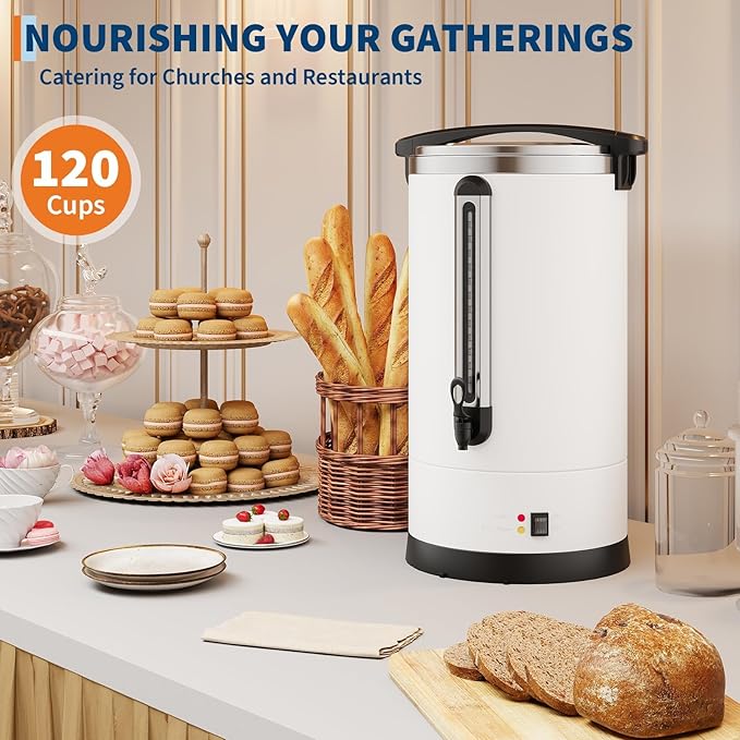 120 Cups Large Coffee Urn with Double Wall Insulation, 18L/4.8 Gallon Stainless Steel Commercial Electric Coffee Maker with Hot Drinks and Hot Water, for Weddings, Parties, Catering, and Buffets