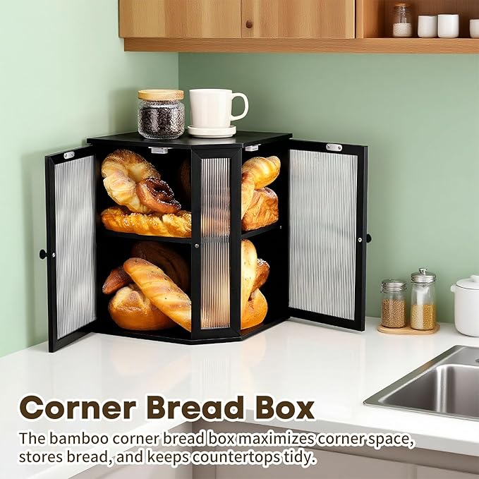 Corner Bread Box for Kitchen Countertop - Bamboo Large Capacity Bread Storage Bin with Acrylic Wavy Door Panel,Dual Door Bread Organizers Under Cabinet Mount Shelf (Black)