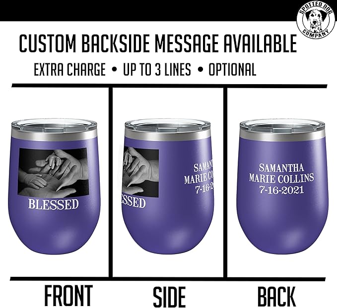 Personalized Mothers Day 12oz Photo Printed Insulated Stainless Steel Powder Coated Stemless Wine Tumbler with Lid, Customized Mom Gift Idea for Her, Custom Mum Coach Gifts Team (Purple)