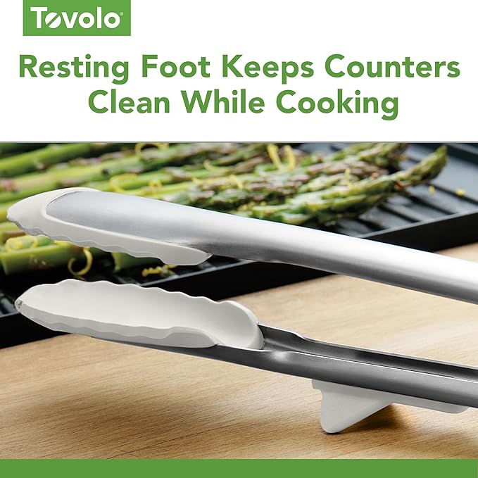 Tovolo Tongs With Silicone Tips Easy Grip 13” Long Kitchen Tongs Stainless Steel Handle For Cooking BBQ, Non Scratch Heat Resistant Locking Metal Tongs Silicone Tipped Dishwasher Safe BPA Free, White