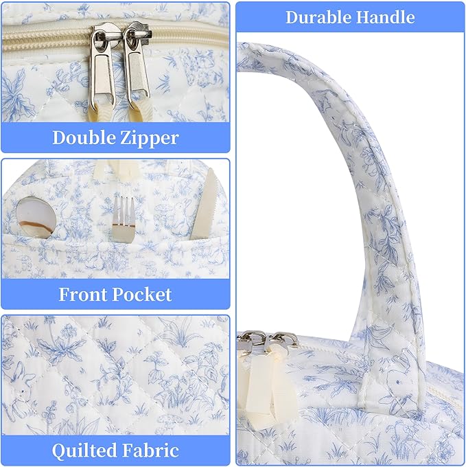 Quilted Lunch Box for Women,Lunch Box for Teen Girls,Cute Blue Rabbit Lunch Bags for Work, School,Office,Picnic,Travel (blue floral rabbit)