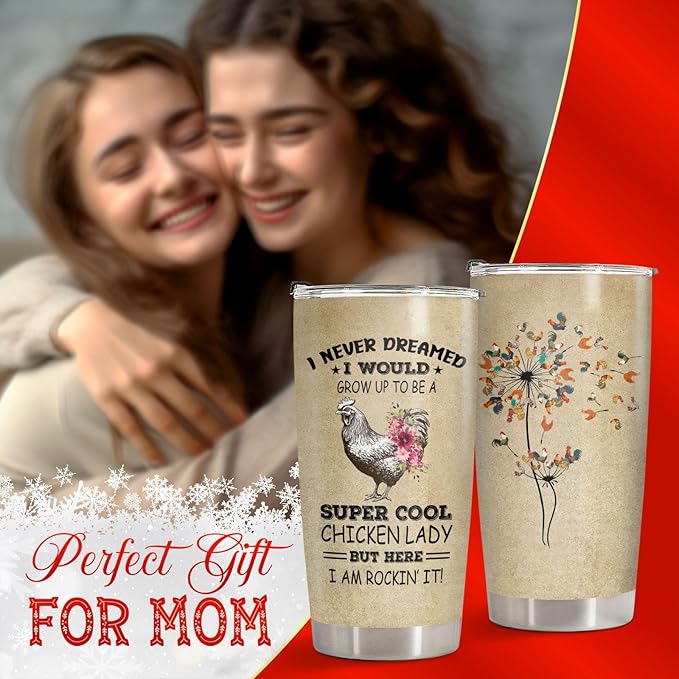 34HD Chicken Mom Tumbler with Lid, 20oz Stainless Steel Vacuum Insulated Farm Animal Mug, Chickens Farmer Gifts for Women, Chicken Gifts for Birthday Mothers Day