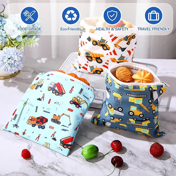 Chumia 6 Pcs Reusable Snack Bags Christmas Gifts Food Safety Washable Snack Bags Lunch with Zipper Portable Sandwich Bag Food Storage Pouch Double Layer(Truck,7 x 7 Inches)
