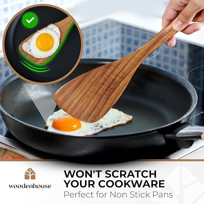 Wooden Spatula for Cooking, 12 Inch - Easy to Clean, Long-Lasting & Sturdy Natural Acacia Wood Spatula for Cooking - Wooden Spatulas with Comfortable Handle, Perfect for Flipping, Turning & Frying