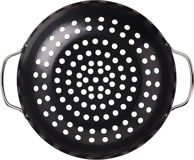 TableCraft BBQ Metal Handle 13-Inch Non Stick Coating Round Grilling Wok, Small, Black