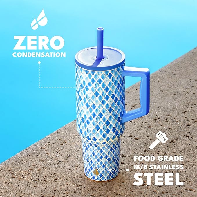 Elemental 40 oz Tumbler with Handle and Straw - Spill Proof Insulated Stainless Steel Commuter for Hot and Cold Beverages - Travel Coffee Mug with 2 Straws & Spill Proof Lid - 40oz - Blue Tile