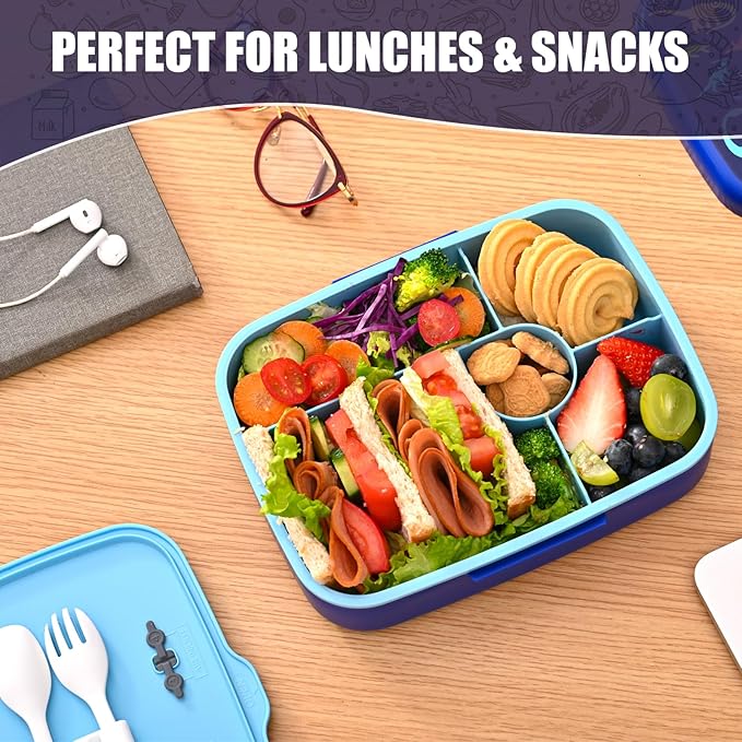 Bento Box for Kids Lunch Box Leak-Proof, Bento Lunch Box with 5 Compartments, Lunch Containers with 3 Silicone Baking Cups, Microwave/Dishwasher Safe (43OZ) (Blue with snack cup)