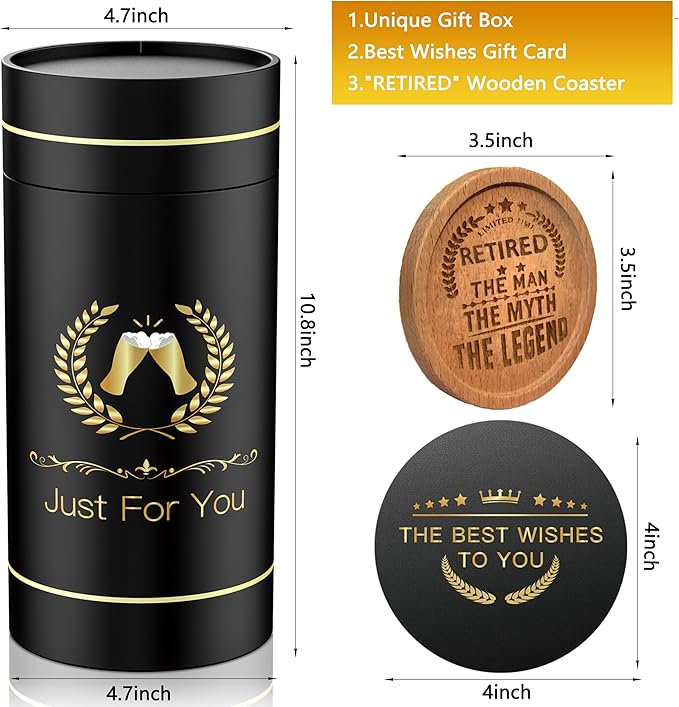 Retirement Beer Glasses Gifts, Personalized Glass Ware Set for Men, Black Gift Package with Drinking Glass, Coaster, and Farewell Card for Retired Man