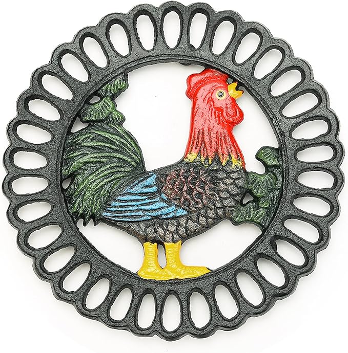 Sungmor Heavy Duty Cast Iron Trivet,Decorative Painting Trivet for Kitchen or Dinning Table,7.5x7.5 Inch - Round with Vintage Lovely Cock Pattern