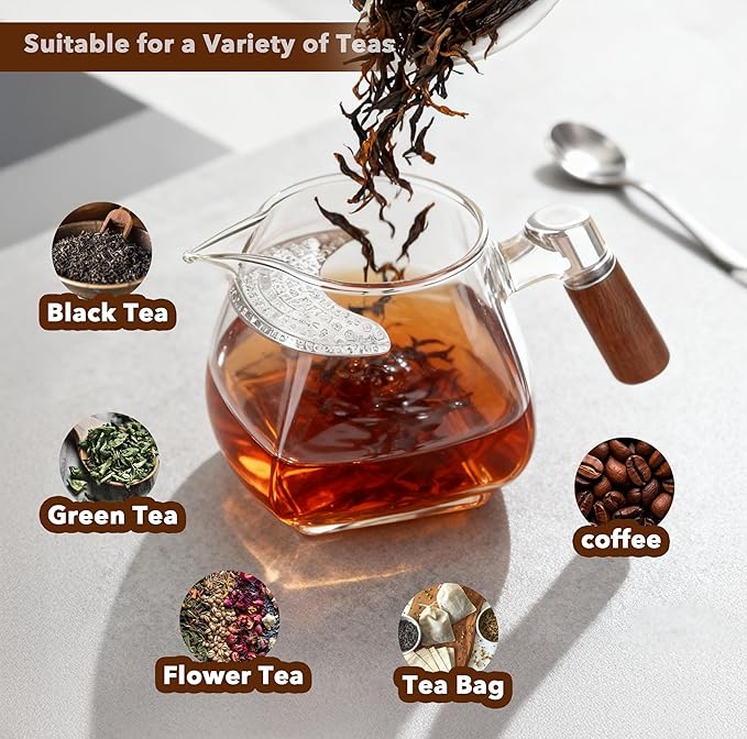 Induction Safe Glass Teapot with Wooden Handle, 700ml Heat-Resistant Borosilicate Glass, Dishwasher Safe, For Loose Leaf, Herbal & Blooming Tea, BPA & Lead-Free, Easy to Clean