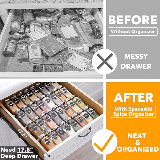 SpaceAid Spice Drawer Organizer with 32 Spice Jars, 386 Spice Labels, 4 Tier Seasoning Rack Tray Insert for Kitchen Drawers, 15" Wide x 17.5" Deep