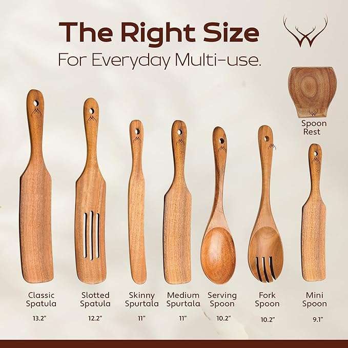 Wooden Spurtle Set for Cooking - Handmade Premium Turner, Nonstick Wooden Spoons for Cooking Flat Frying Utensils with Right Long Handle (7PC Spatula Set)