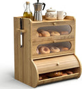 Bread Box for Kitchen Countertop, 3 Tier Large Capacity Breadbox, with Window, Cutting Board Rack and Knife Holder, Bamboo Bread Container, Under Cabinet Organizer